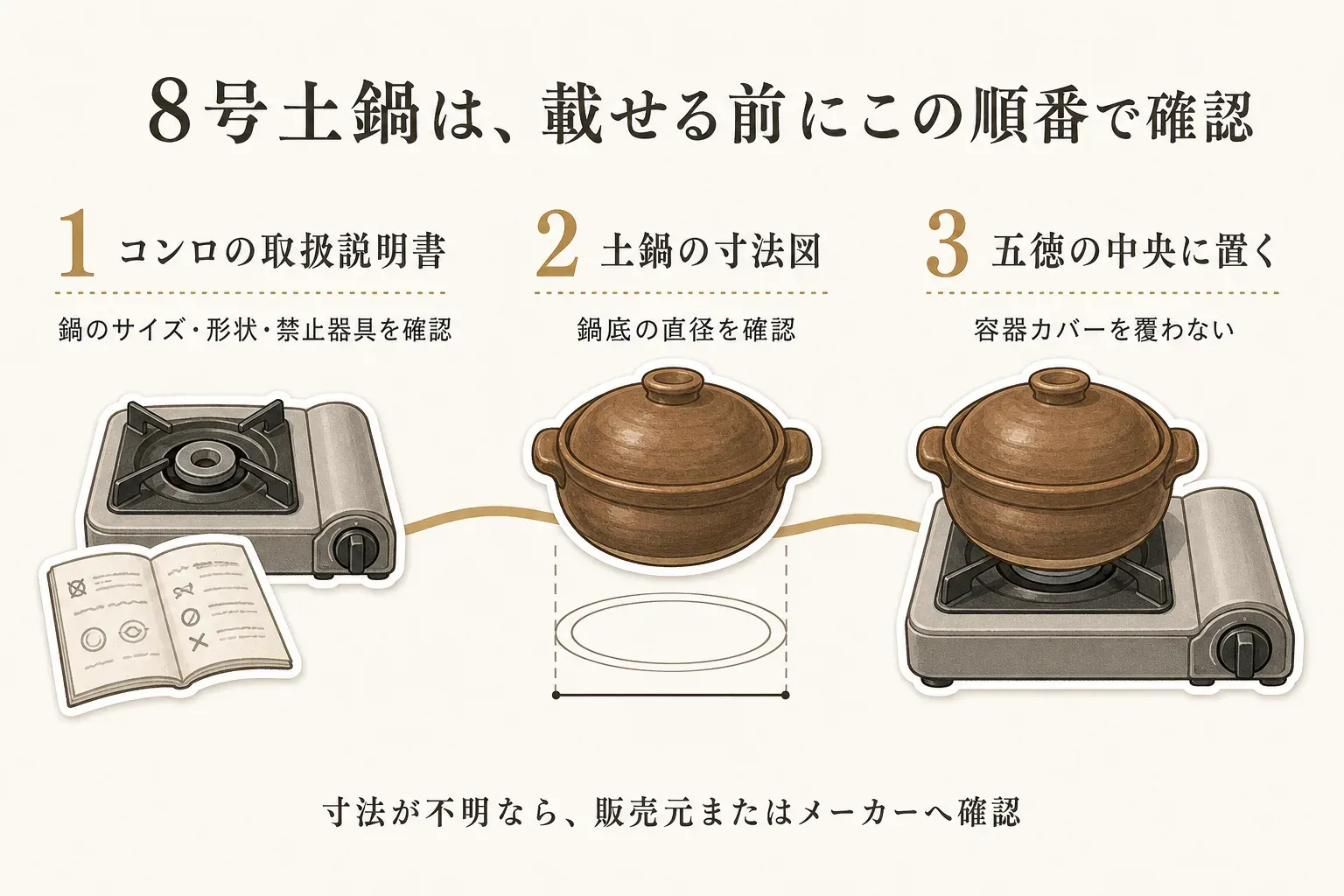 8号土鍋をカセットコンロに載せる前の確認順として、1番目にコンロの取扱説明書で鍋のサイズ・形状・禁止器具を確認し、2番目に土鍋の寸法図で鍋底の直径を確認し、3番目に土鍋を五徳の中央に置いて容器カバーを覆わないことを確認する流れを示す図。寸法が不明な場合は販売元またはメーカーへ確認するよう案内している。
