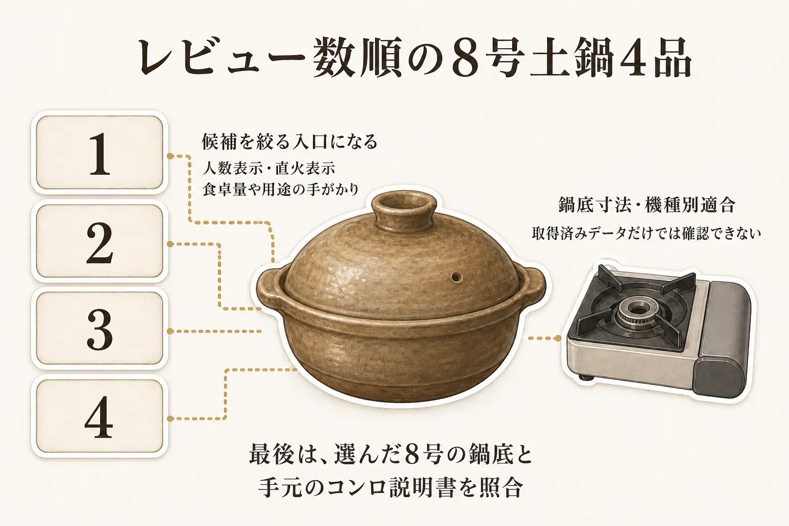 レビュー数順の8号土鍋4品について、レビュー数は人数表示・直火表示を手がかりに候補を絞る入口であり、取得済みデータだけでは鍋底寸法・機種別適合を確認できないため、最後に選んだ8号の鍋底と手元のカセットコンロの取扱説明書を照合することを示す図。