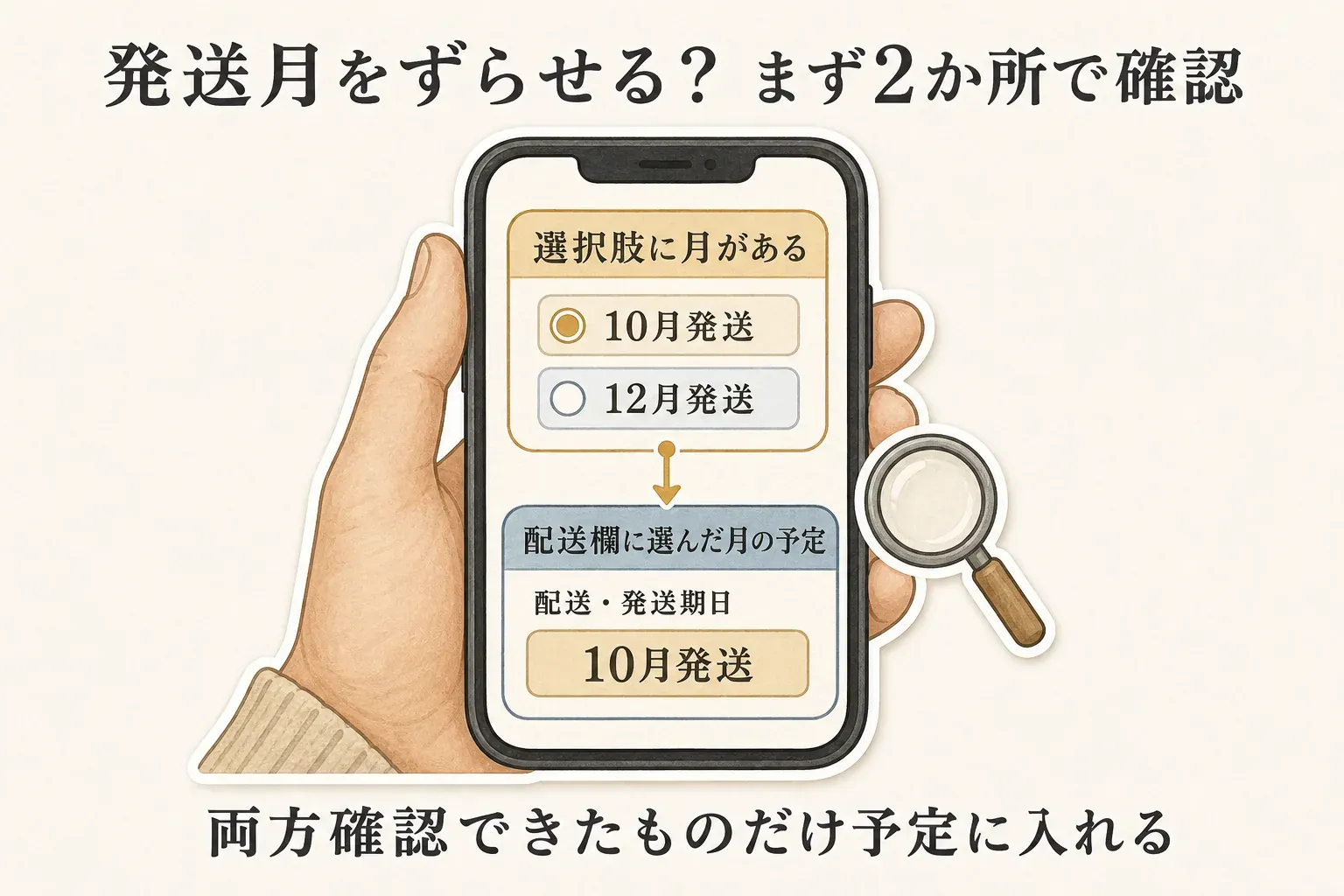 発送月をずらせるか確認するため、選択肢に10月発送・12月発送などの月があり、配送欄にも選んだ月の発送予定が記載されているかを確認し、両方を確認できた返礼品だけ予定に入れる流れを示す図。