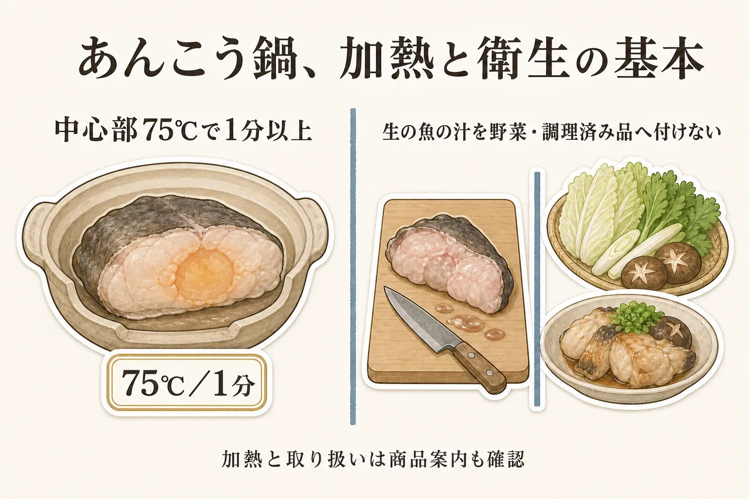 加熱用のあんこう鍋では中心部まで75℃で1分間以上を目安に加熱し、生の魚の汁が調理済み食品や生で食べる食品に付かないよう、手と器具を洗う衛生管理を示した図。出典：厚生労働省「家庭での食中毒予防」。