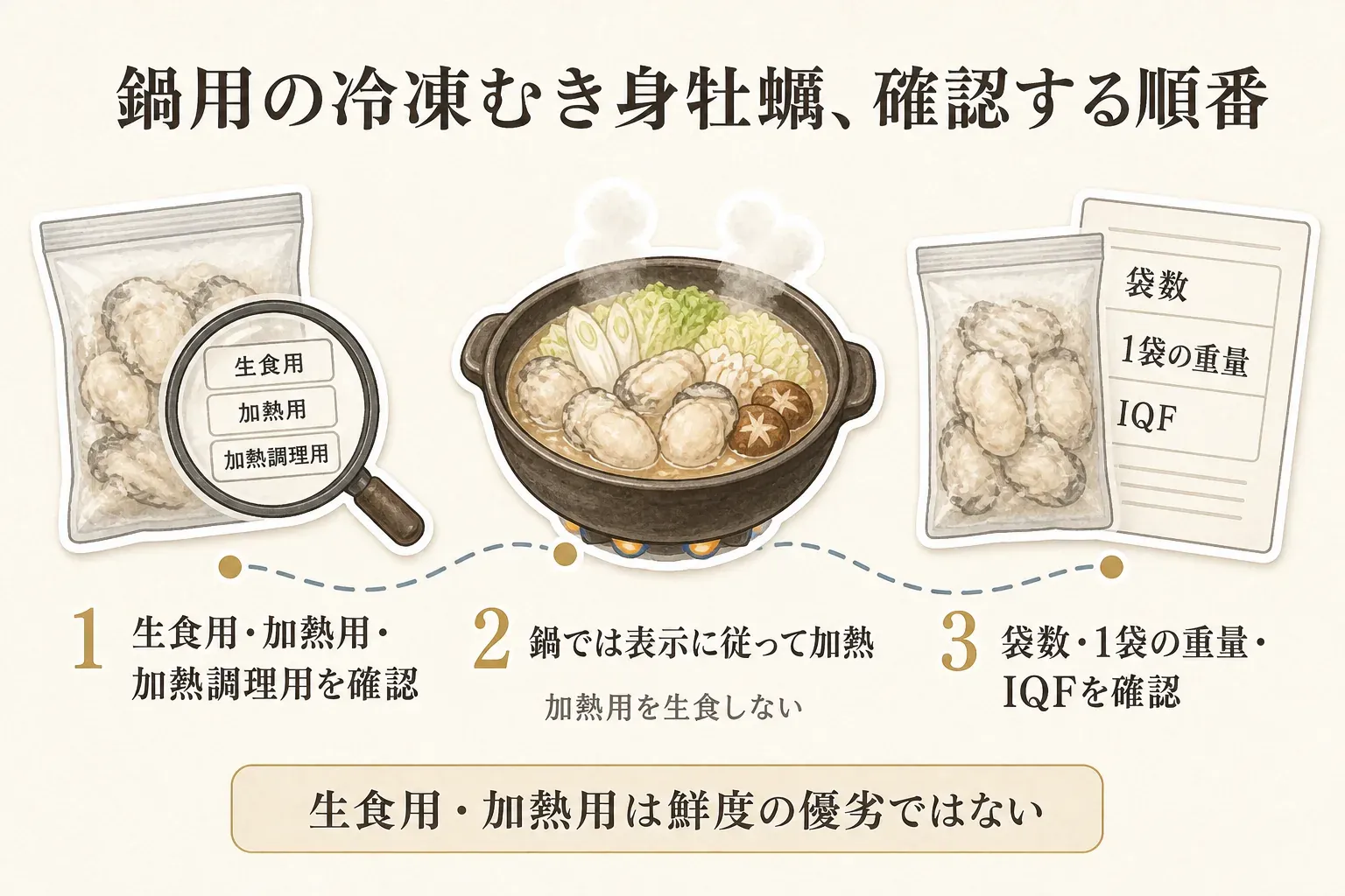 ふるさと納税の冷凍むき身牡蠣を鍋用に選ぶ確認順として、最初に生食用・加熱用の表示を見て加熱の要否を確認し、次に袋数と1袋あたりの重量で二人分ずつ使えるかを判断し、最後にIQF・小分け・解凍方法を確認する流れを示す図。