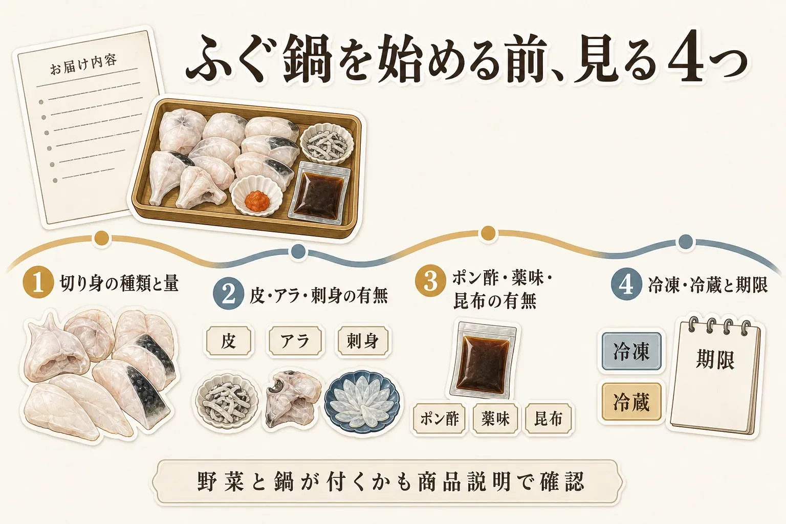 ふぐ鍋を始める前に確認する4項目として、切り身の種類と量、皮・アラ・刺身の有無、ポン酢・薬味・昆布の有無、冷凍・冷蔵と期限を示し、野菜と鍋が付くかも商品説明で確認するよう案内する図。