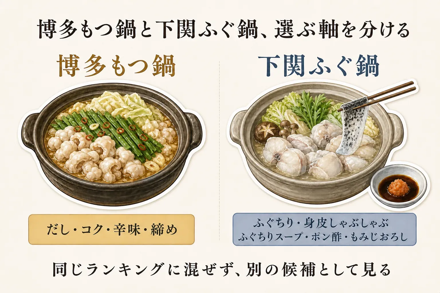 博多もつ鍋と下関ふぐ鍋の選ぶ軸を左右に分け、博多もつ鍋はだし・コク・辛味・締め、下関ふぐ鍋はふぐちり・身皮しゃぶしゃぶ・ふぐちりスープ・ポン酢・もみじおろしを見ることを示す図。同じランキングに混ぜず、別の候補として見るよう案内している。