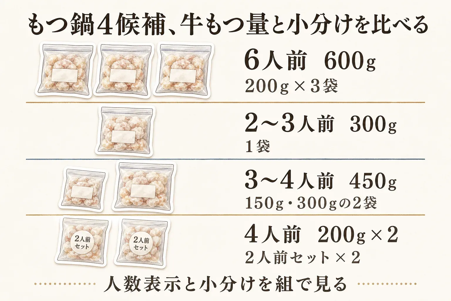 もつ鍋4候補の牛もつ量と小分けを比較した図。6人前は600g・200g×3袋、2〜3人前は300g・1袋、3〜4人前は450g・150gと300gの2袋、4人前は200g×2で2人前セット×2と表示している。