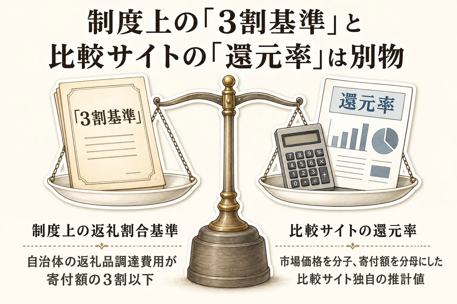 制度上の返礼割合基準は自治体の返礼品調達費用が寄付額の3割以下、比較サイトの還元率は市場価格を分子・寄付額を分母にした独自推計値で、両者は別物であることを示す図。出典：衆議院会議録
