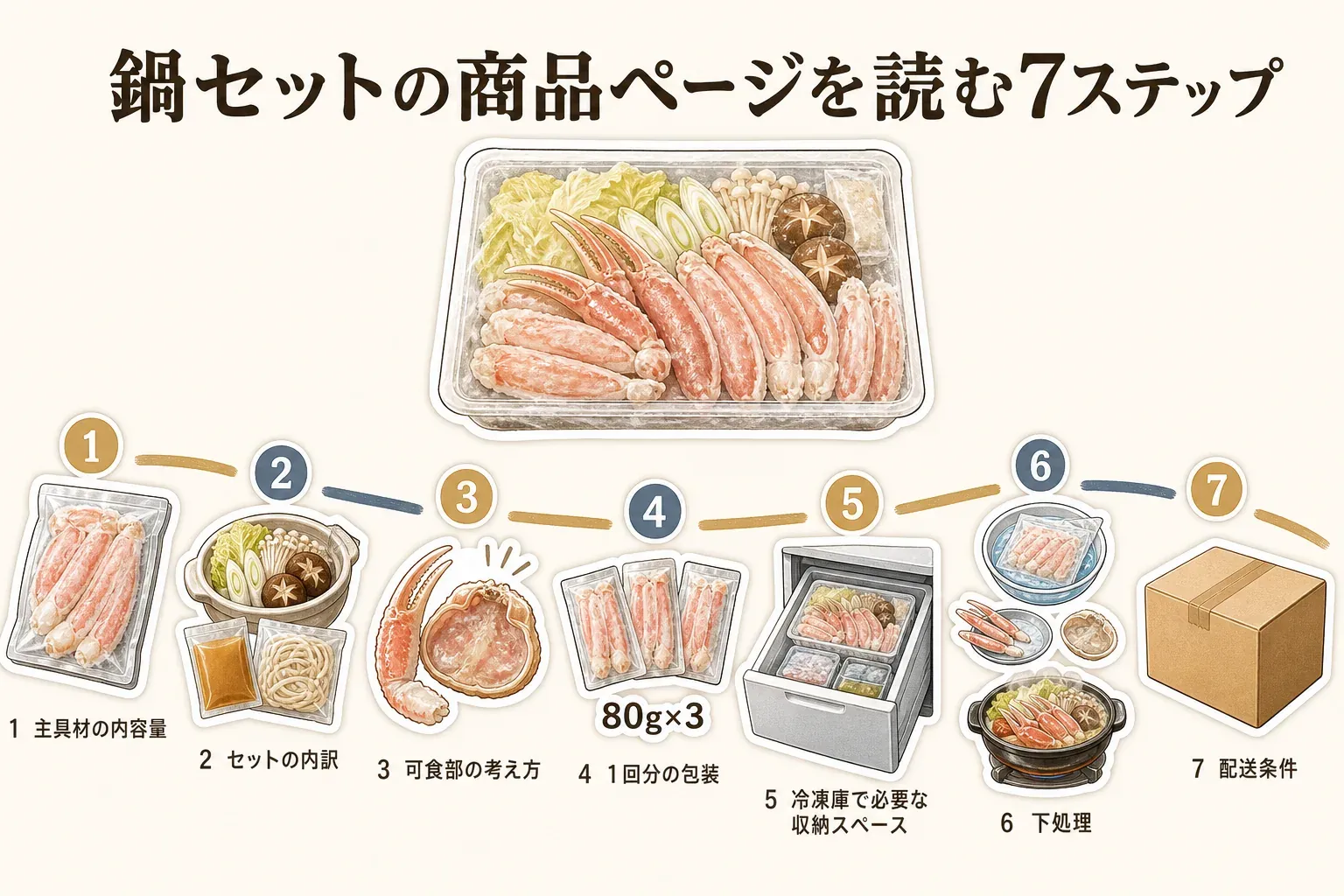 鍋セットの商品ページを読む7つの順番として、主具材の内容量、セットの内訳、可食部の考え方、1回分の包装、冷凍庫で必要な収納スペース、下処理、配送条件を示した図。