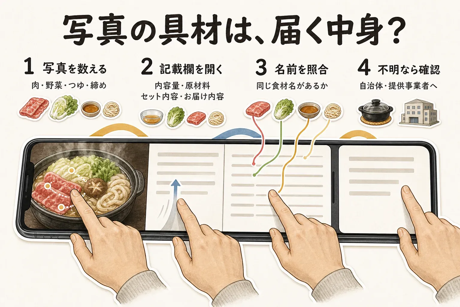 鍋の写真に写る肉・野菜・つゆ・締めを数え、内容量・原材料・セット内容・お届け内容の記載欄を開き、同じ食材名があるか照合し、不明なら自治体または提供事業者へ確認する4段階の手順を示した図。