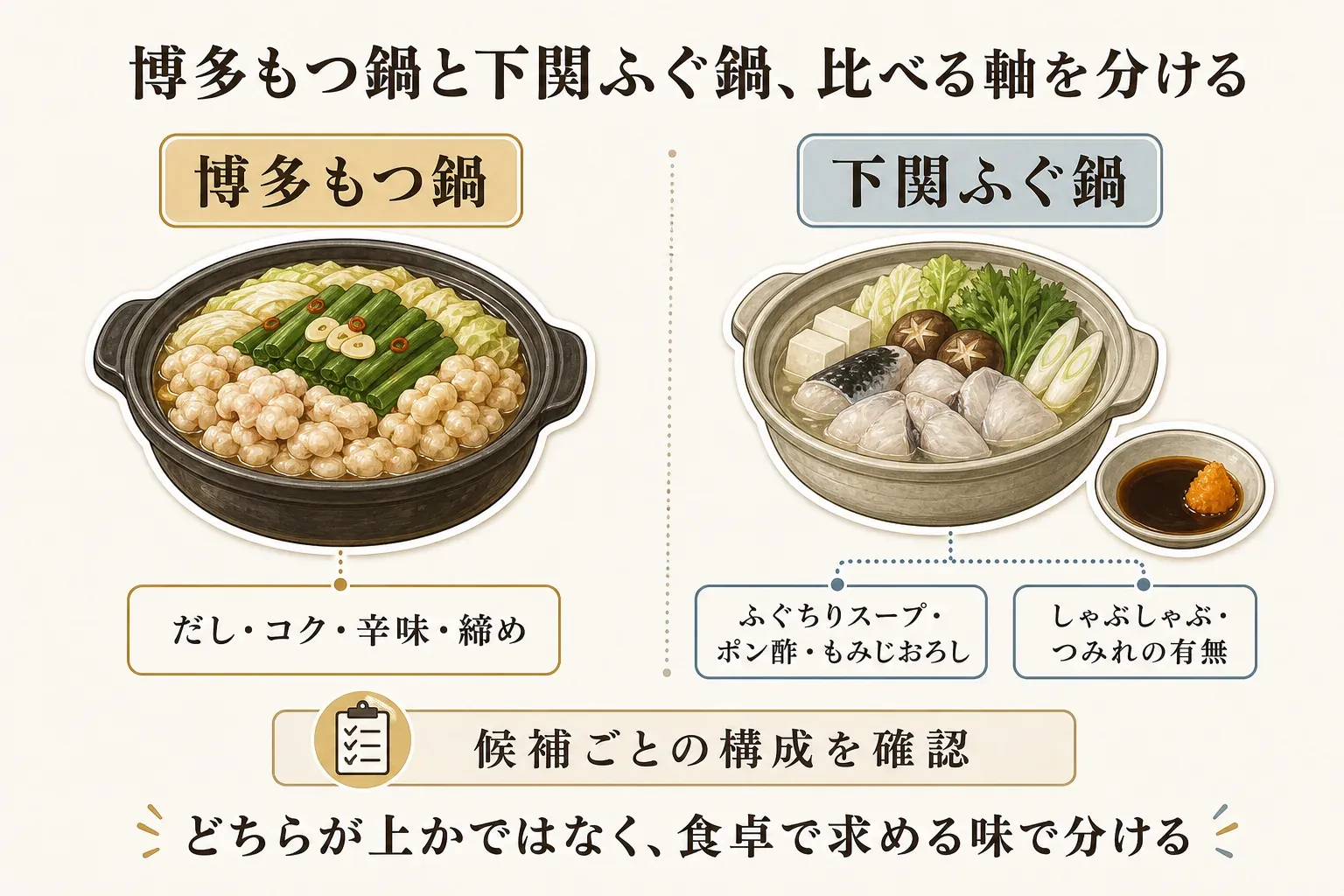 博多もつ鍋と下関ふぐ鍋は比べる軸を分けることを示す図。博多もつ鍋はだし・コク・辛味・締め、下関ふぐ鍋はふぐちりスープ・ポン酢・もみじおろしと、しゃぶしゃぶ・つみれの有無を確認し、候補ごとの構成と食卓で求める味で選ぶ。