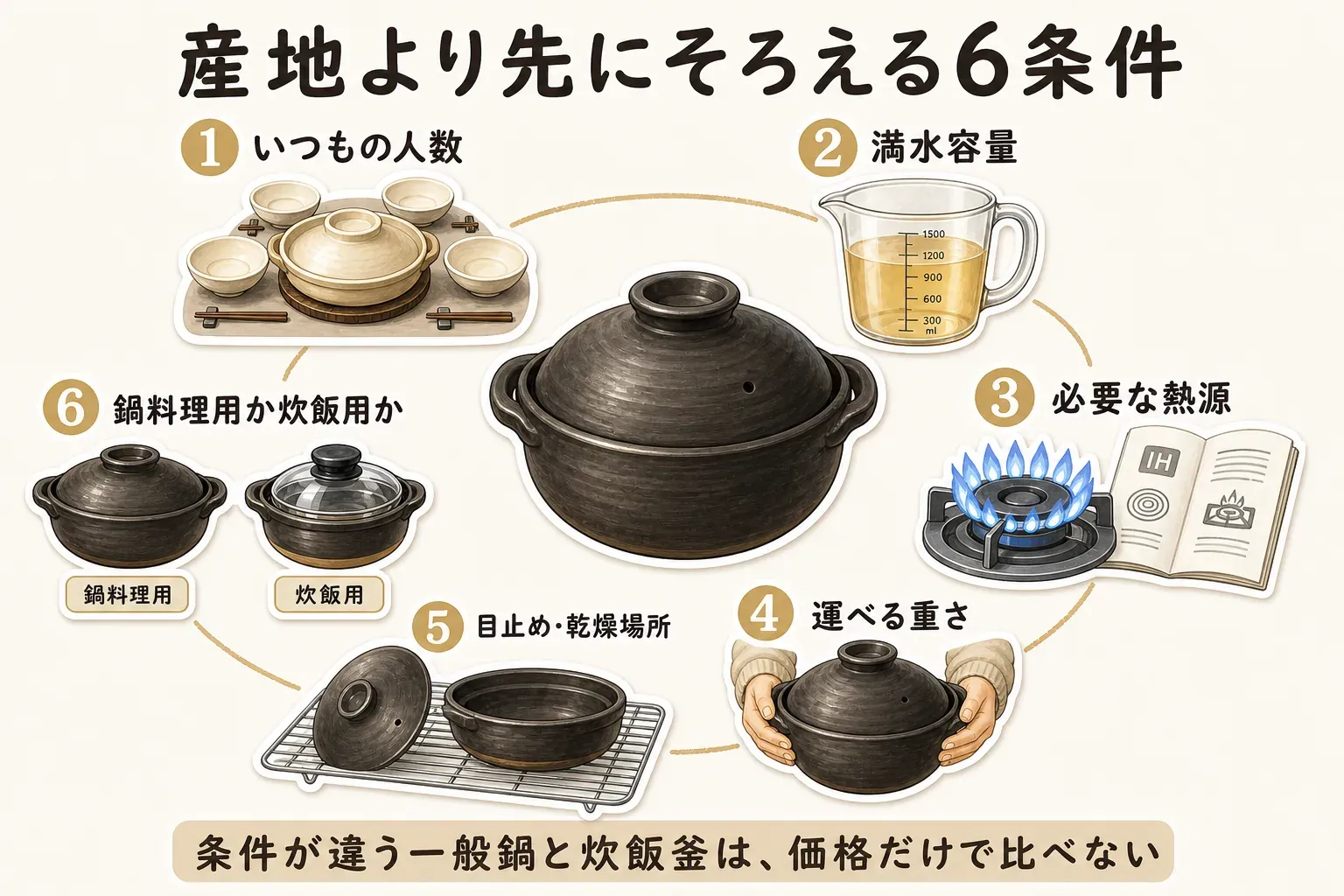 土鍋を産地より先に選ぶ6条件として、いつもの人数、満水容量、必要な熱源、運べる重さ、目止め・乾燥場所、鍋料理用か炊飯用かを、土鍋とイラストで示す図。一般鍋と炊飯釜は価格だけで比べないと案内している。