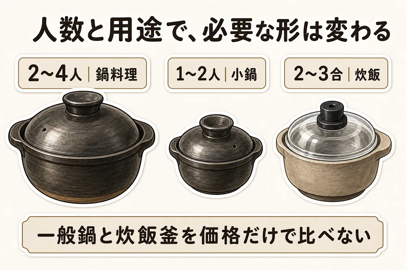 人数と用途で必要な土鍋の形が変わることを示し、2〜4人の鍋料理、1〜2人の小鍋、2〜3合の炊飯の3例を並べた図。一般鍋と炊飯釜は価格だけで比べないと案内している。