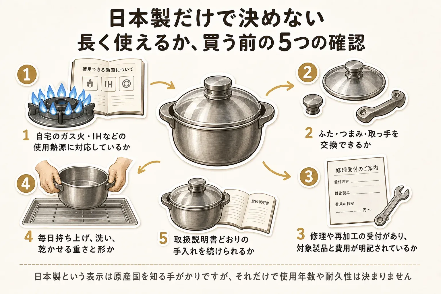 日本製だけで長く使えるかを決めず、購入前に自宅のガス火・IHなどの使用熱源への対応、ふた・つまみ・取っ手を交換できるか、修理や再加工の受付と対象製品・費用、毎日持ち上げて洗い乾かせる重さと形、取扱説明書どおりの手入れを続けられるかの5項目を確認する図。