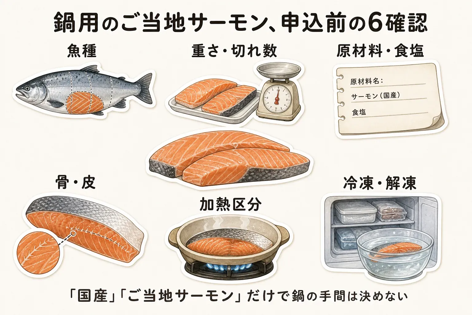 鍋用のご当地サーモンを申し込む前の6確認として、魚種、重さ・切れ数、原材料・食塩、骨・皮、加熱区分、冷凍・解凍を、魚や切り身、鍋、冷凍庫のイラストで示す図。「国産」「ご当地サーモン」だけで鍋の手間は決めないと案内している。