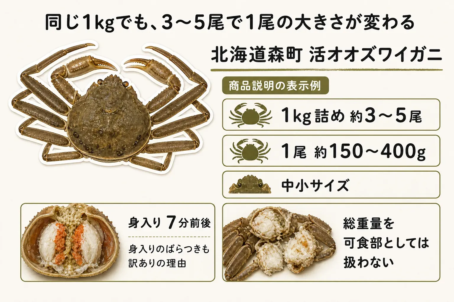 北海道森町の活オオズワイガニの商品説明例として、1kg詰めは約3〜5尾、1尾約150〜400g、中小サイズ、身入り7分前後で、身入りのばらつきも訳ありの理由であり、総重量を可食部としては扱わないことを示す図。