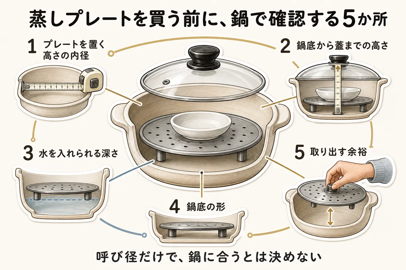 蒸しプレートを買う前に鍋で確認する5か所として、プレートを置く高さの内径、鍋底から蓋までの高さ、水を入れられる深さ、鍋底の形、熱いプレートを取り出す余裕を鍋と蒸しプレートの図で示した図。呼び径だけで鍋への適合は決められないことを案内している。