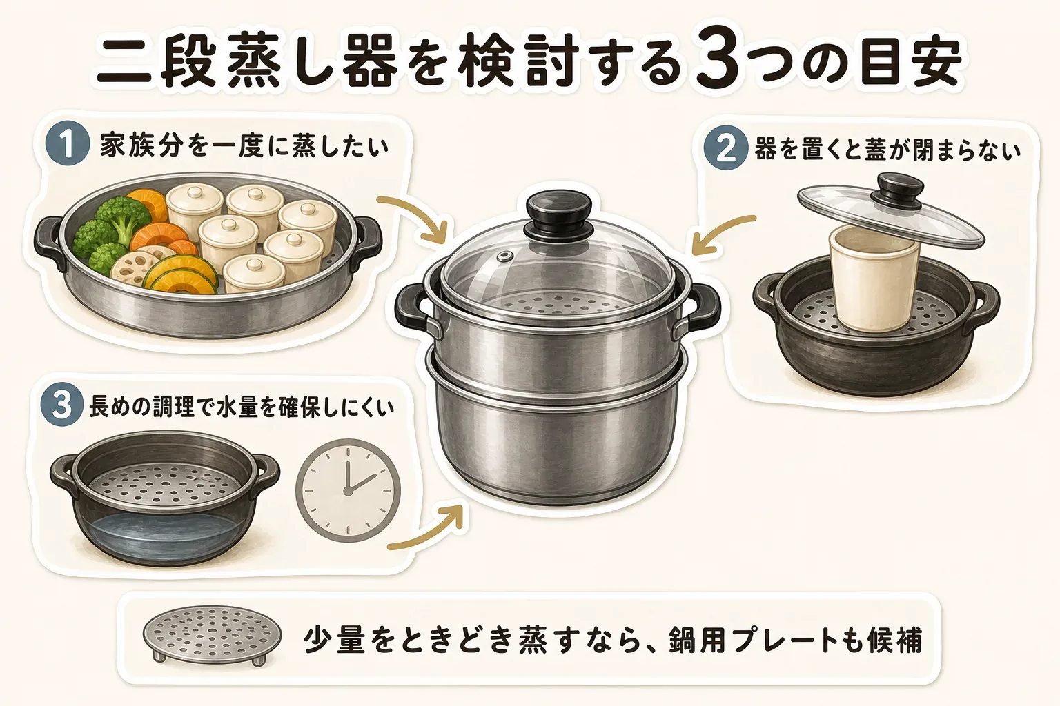 二段蒸し器を検討する3つの目安として、家族分を一度に蒸したい、器を置くと蓋が閉まらない、長めの調理で水量を確保しにくい場合を示した図。少量をときどき蒸すなら鍋用プレートも候補になることを案内している。