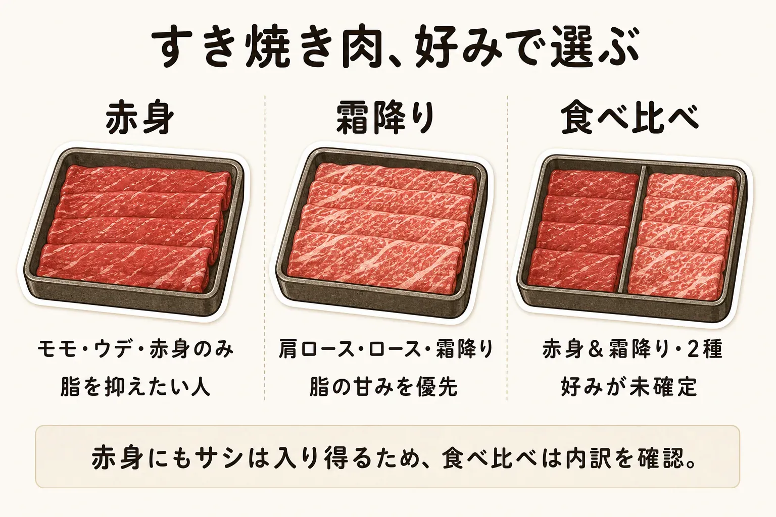 すき焼き用和牛の選び分けとして、脂を抑えて肉の味を楽しみたい人はモモ・ウデの赤身、濃厚さと柔らかさを優先したい人は肩ロース・ロースの霜降り、好みが未確定または家族で好みが異なる人は赤身と霜降りの食べ比べを選ぶ目安を示す図。