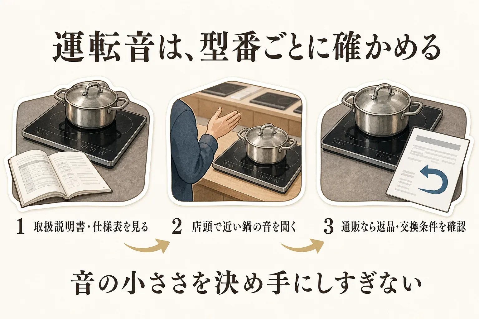 卓上IHの運転音を型番ごとに確かめる手順として、1番目に取扱説明書・仕様表を見る、2番目に店頭で普段使う鍋に近い大きさの鍋の音を聞く、3番目に通販では返品・交換条件を確認することを示した図。音の小ささを決め手にしすぎないよう促している
